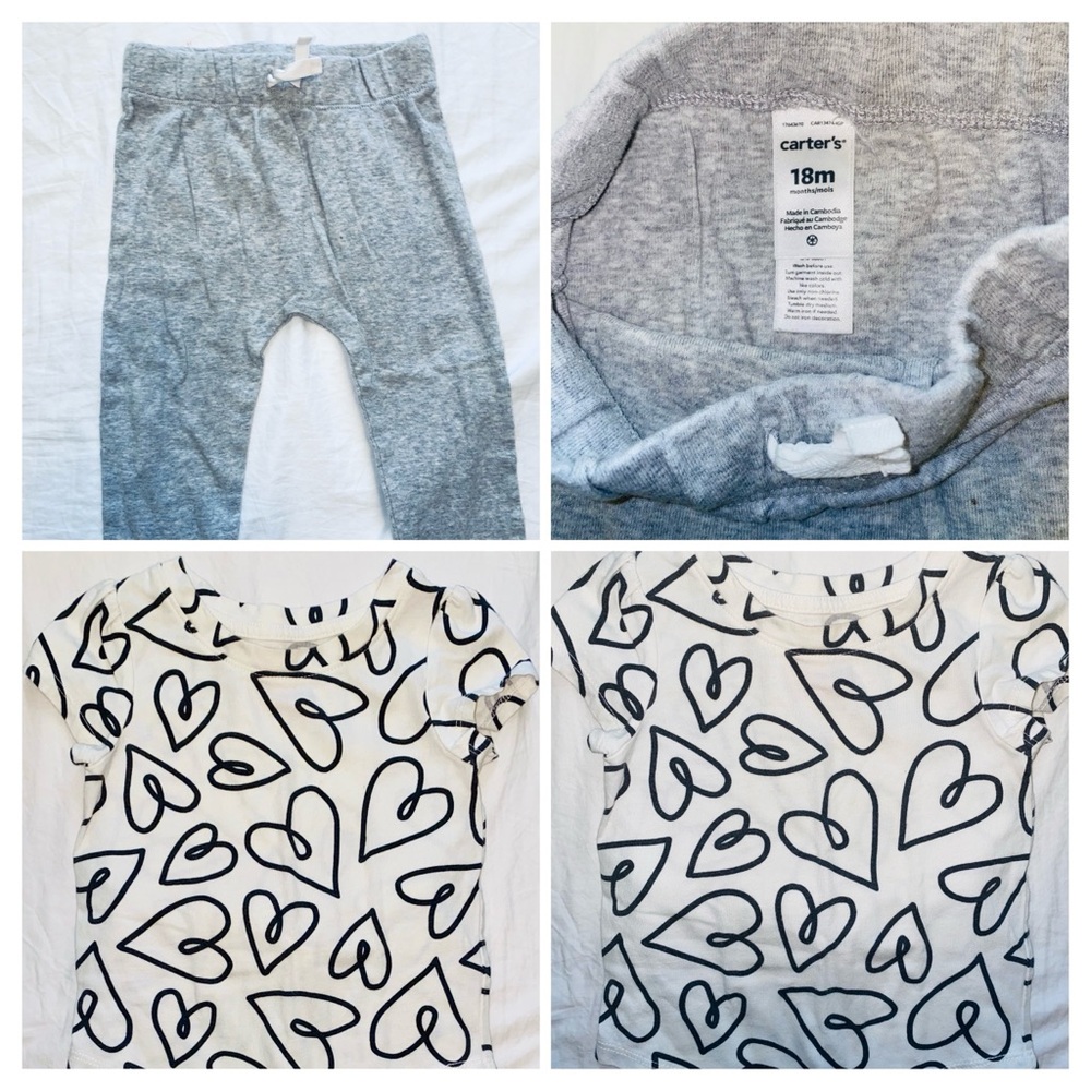 Set- 18M Cute baby girl's white and black heart print top & pants outfit.